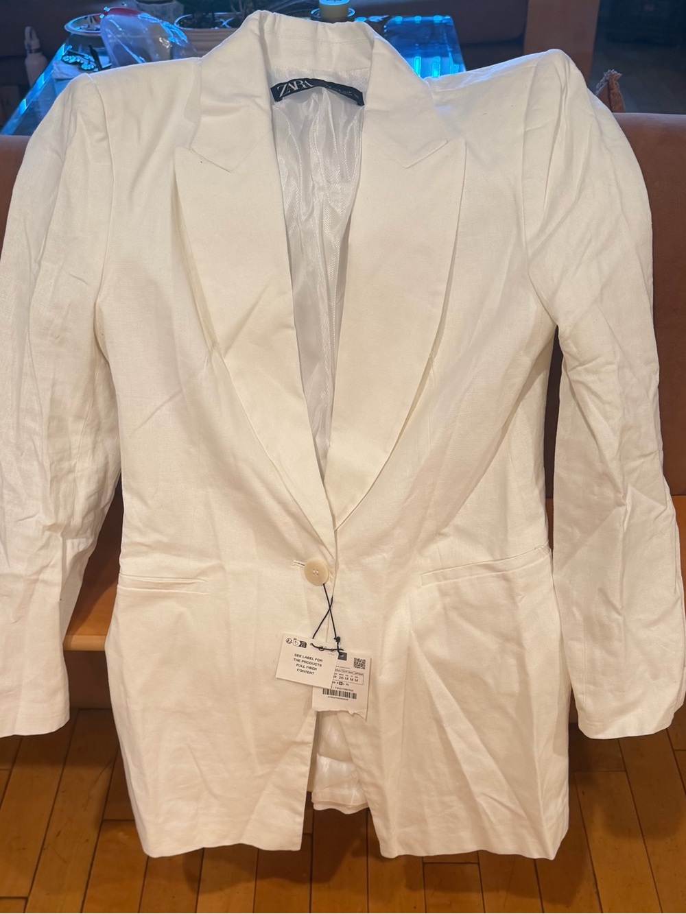 Zara 100% linen White Single-Button Tailored Blazer